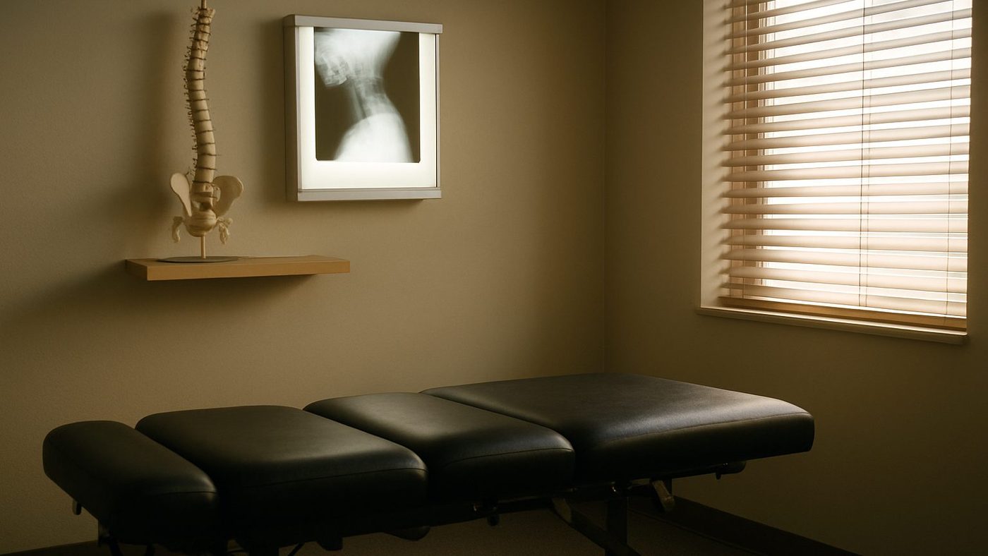 An empty chiropractic exam room in morning light with a padded treatment table and a spine model on a shelf.