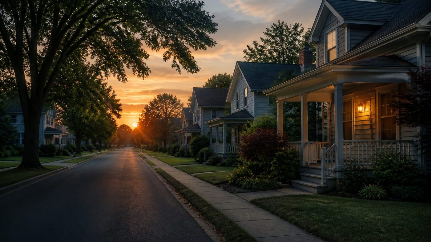 A residential street at sunrise with porch lights on and long shadows.