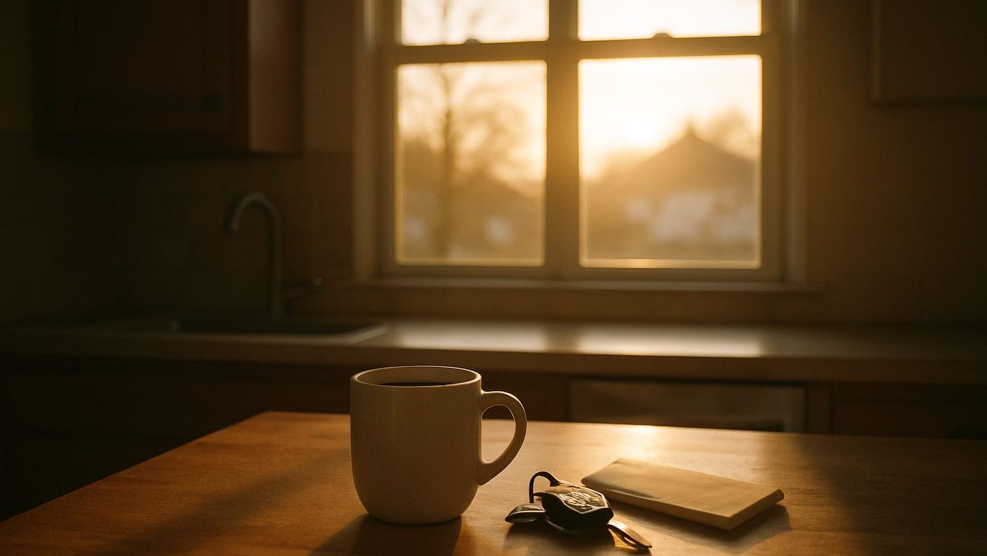 A mug of coffee, car keys, and a small notepad on a kitchen counter at sunrise.