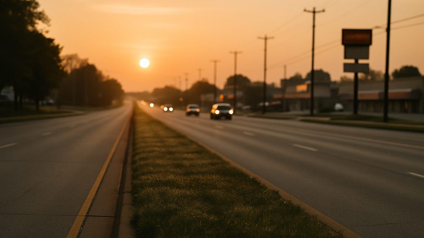 A four-lane suburban arterial road at sunrise, dew on the median, cars with headlights on in the distance, commercial signage blurred.