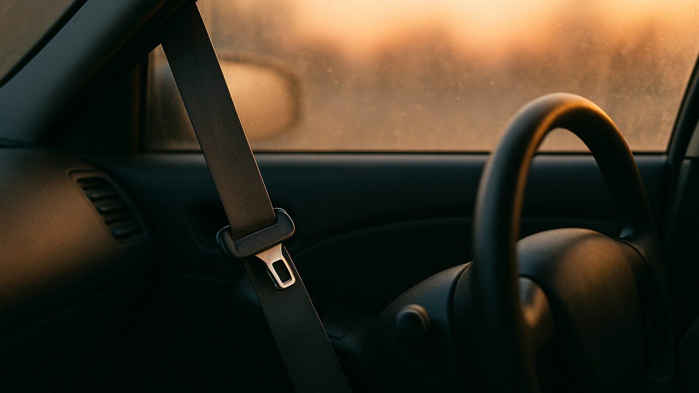 A fastened seat belt and steering wheel inside a parked car at dawn.